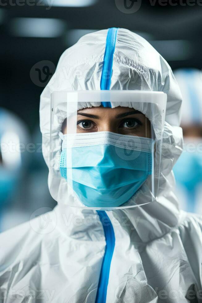Lab worker in protective gear handling samples background with empty space for text photo