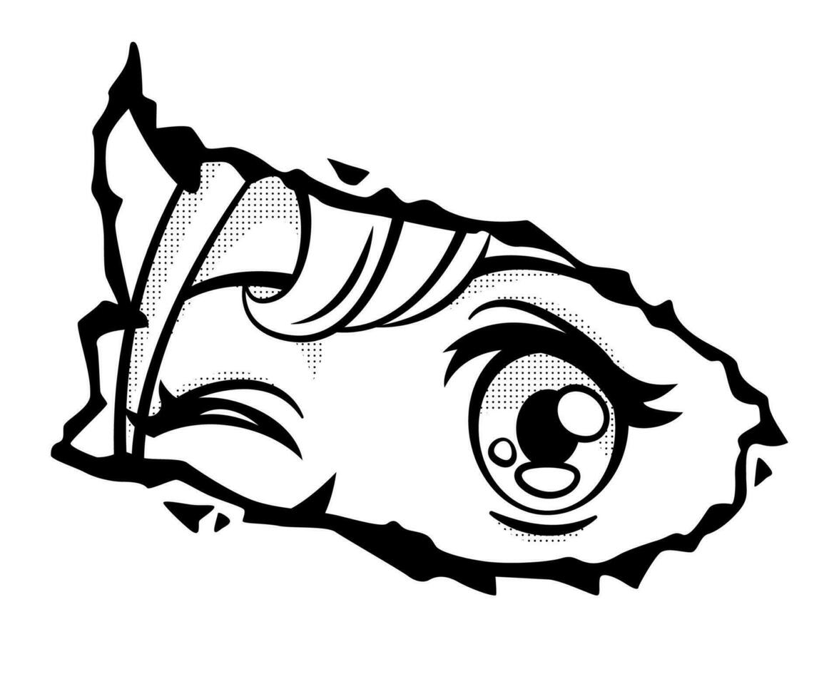 Manga girl with with big eyes looking from a paper tear. vector