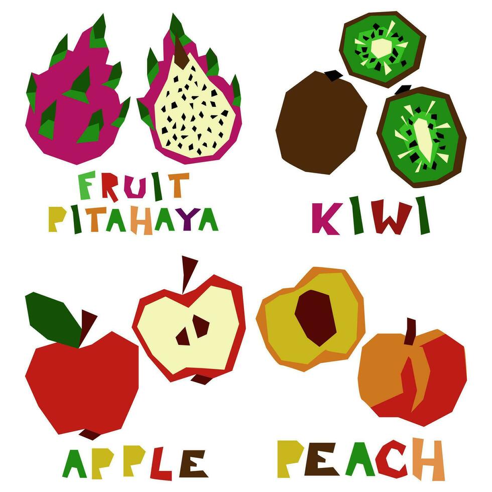 Mini set of stylized geometric fruits in whole and in section with the name. Natural organic tropical products. Bright printing on grocery products to indicate taste. Vector flat illustration