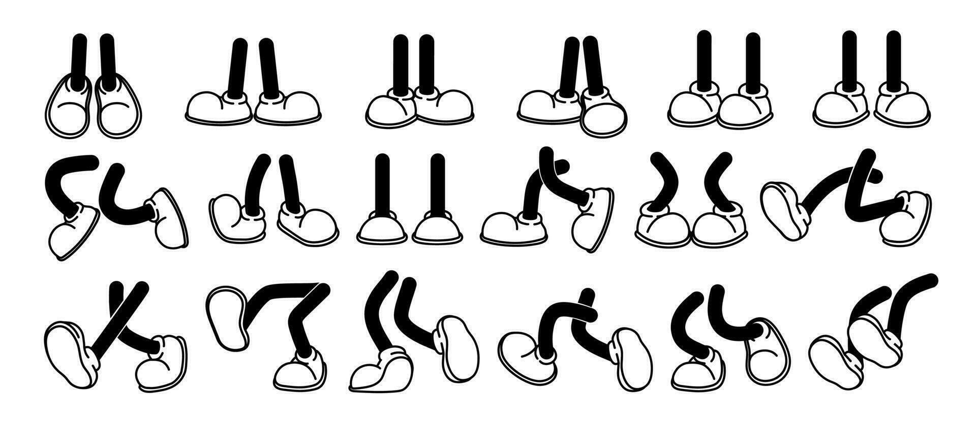 dibujos animados piernas en zapatos. cómic retro pies en diferente posa