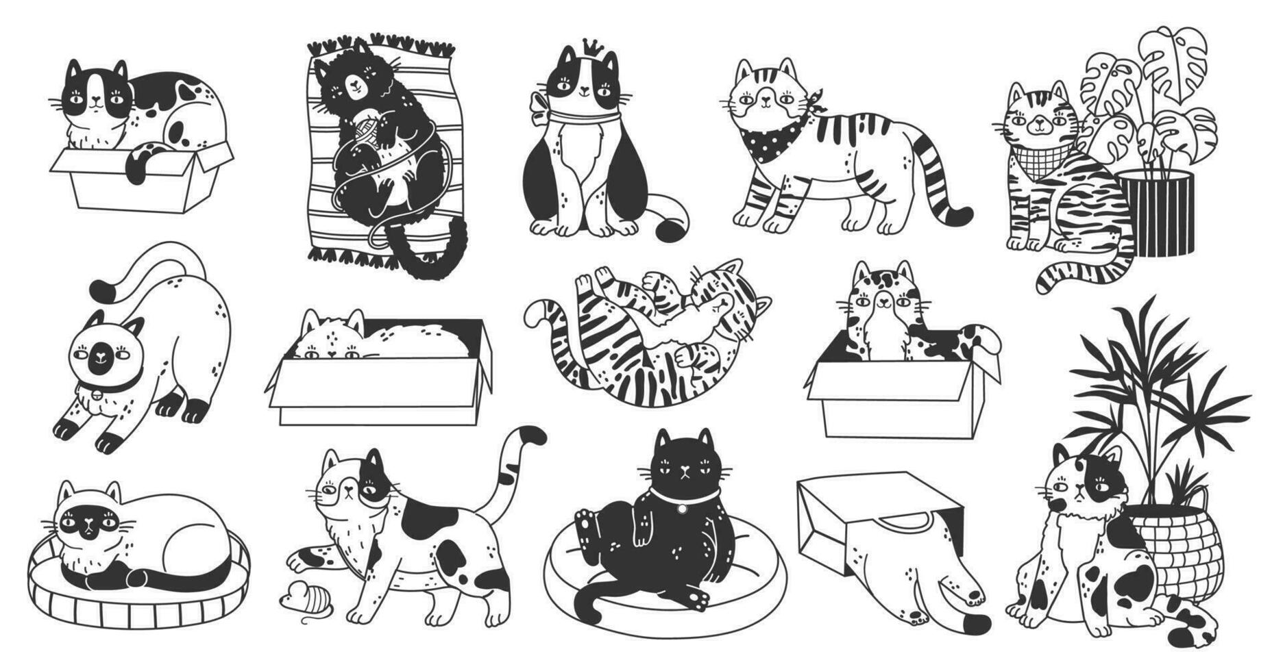 Doodle sketch cute cats characters. Funny hand drawn pets in boxes, baskets, on rugs with plants isolated on white background. Vector set