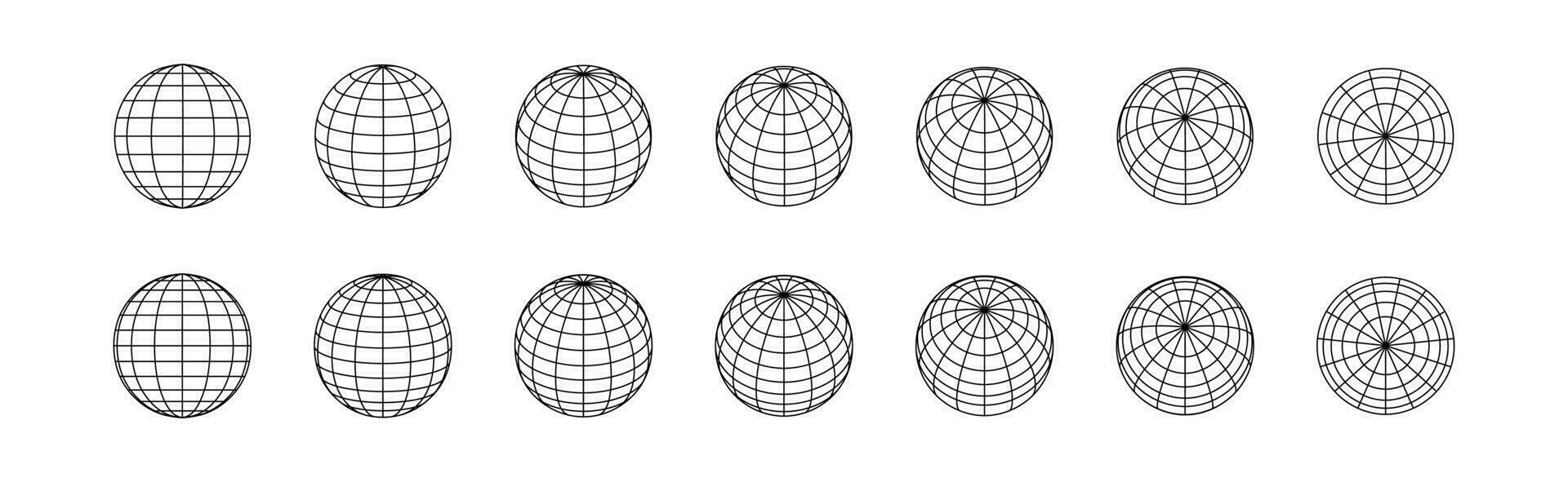 Globe grids. 3D spheres various position. Striped 3D balls, earth globe grid linear geometry vector orb symbol set