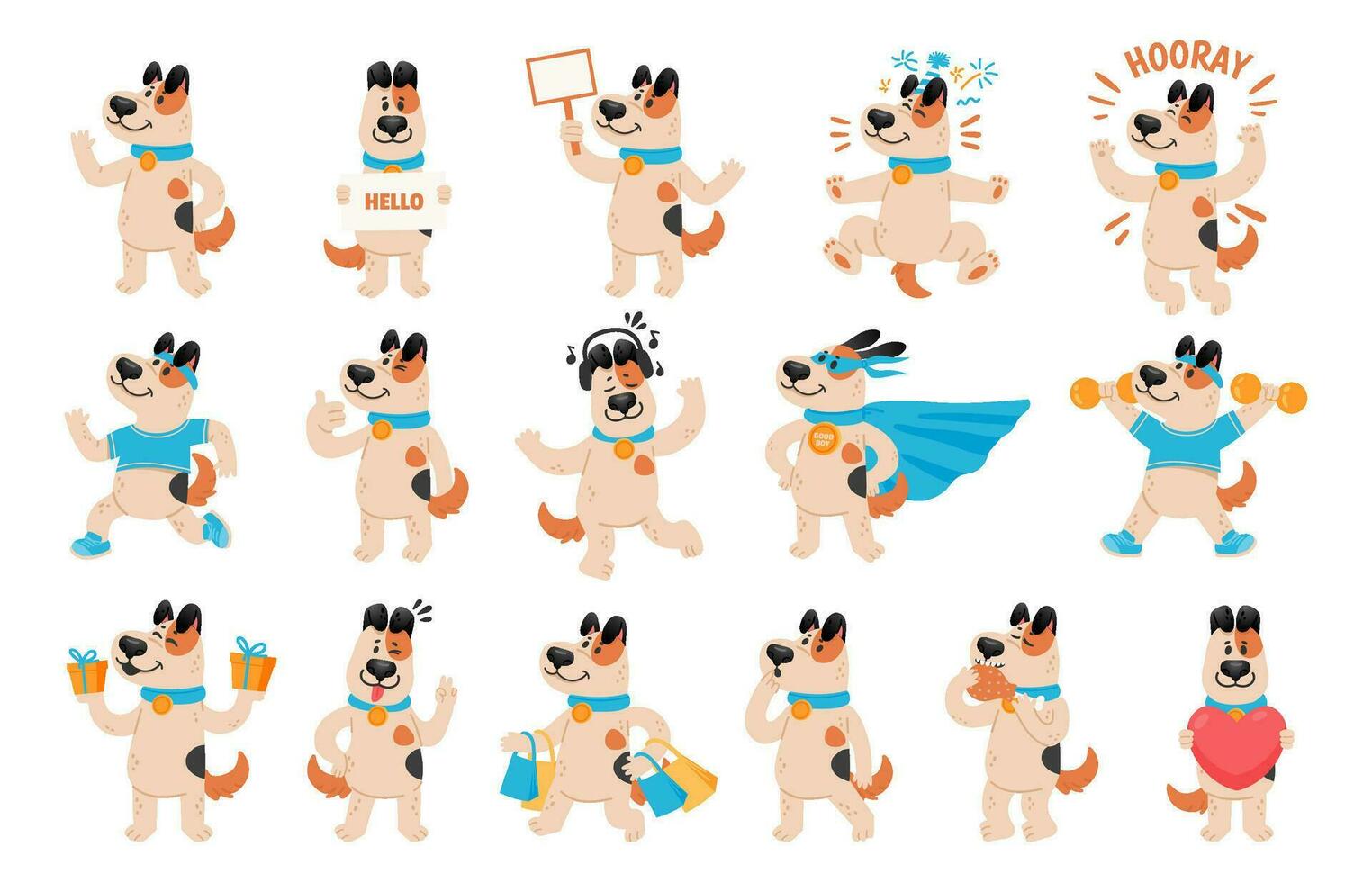 Dog mascot. Happy pet character, animal winking, puppy celebrating and dogs with different facial expressions, poses and actions cartoon vector set