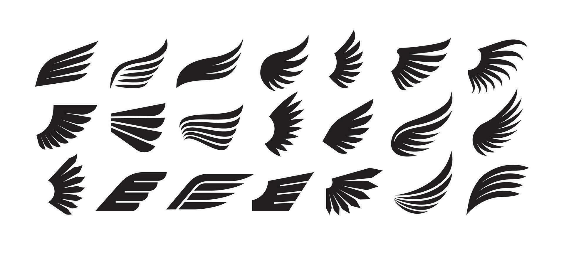 Wings logo. Wing silhouette insignia, angel winged emblems. Eagle, aviation symbols. Vintage tattoo, freedom graphics vector set