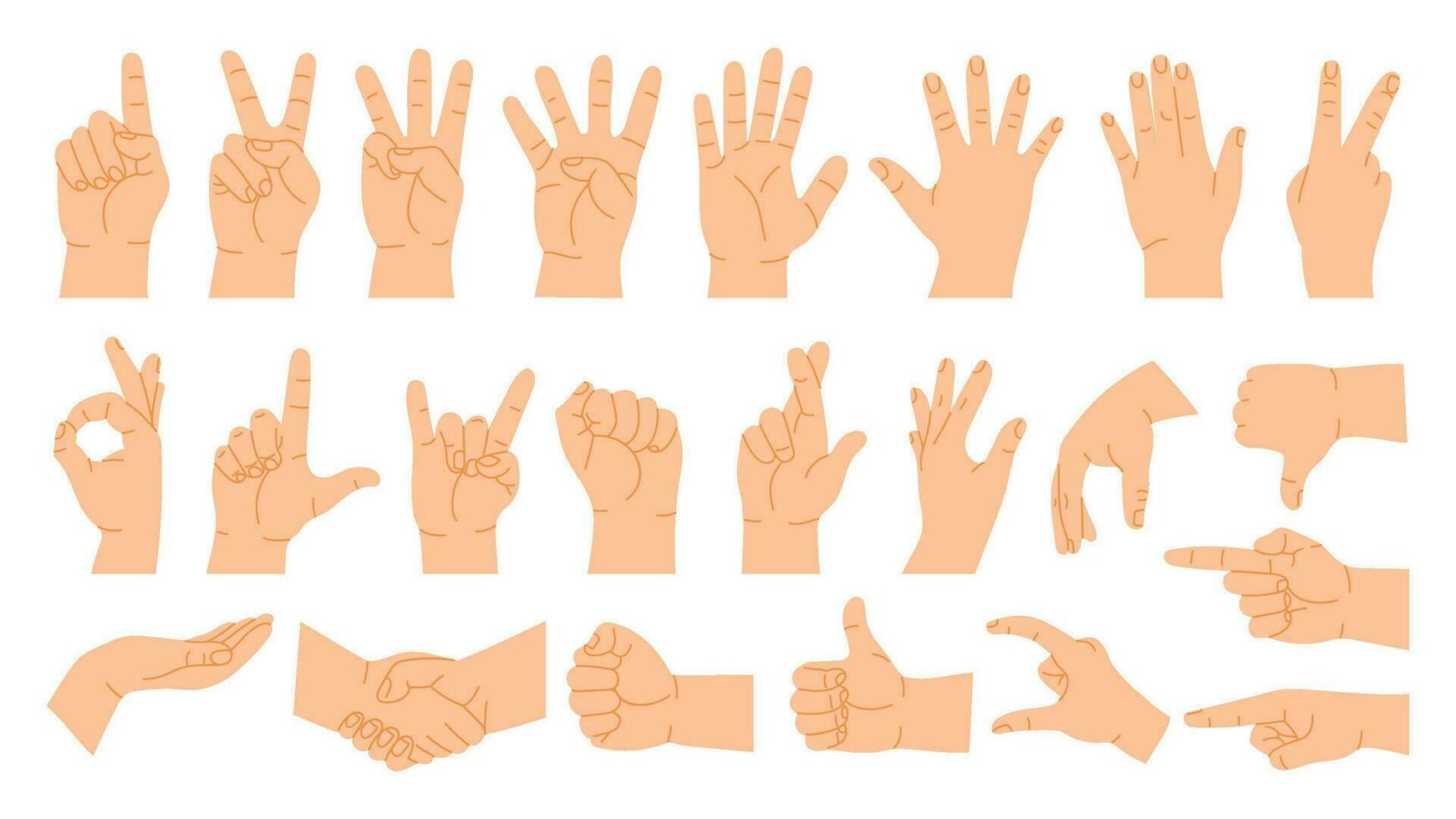 Hands poses. Cartoon hand gestures count on fingers, pointing, handshake, thumb up like and dislike. Human palm vector illustration set