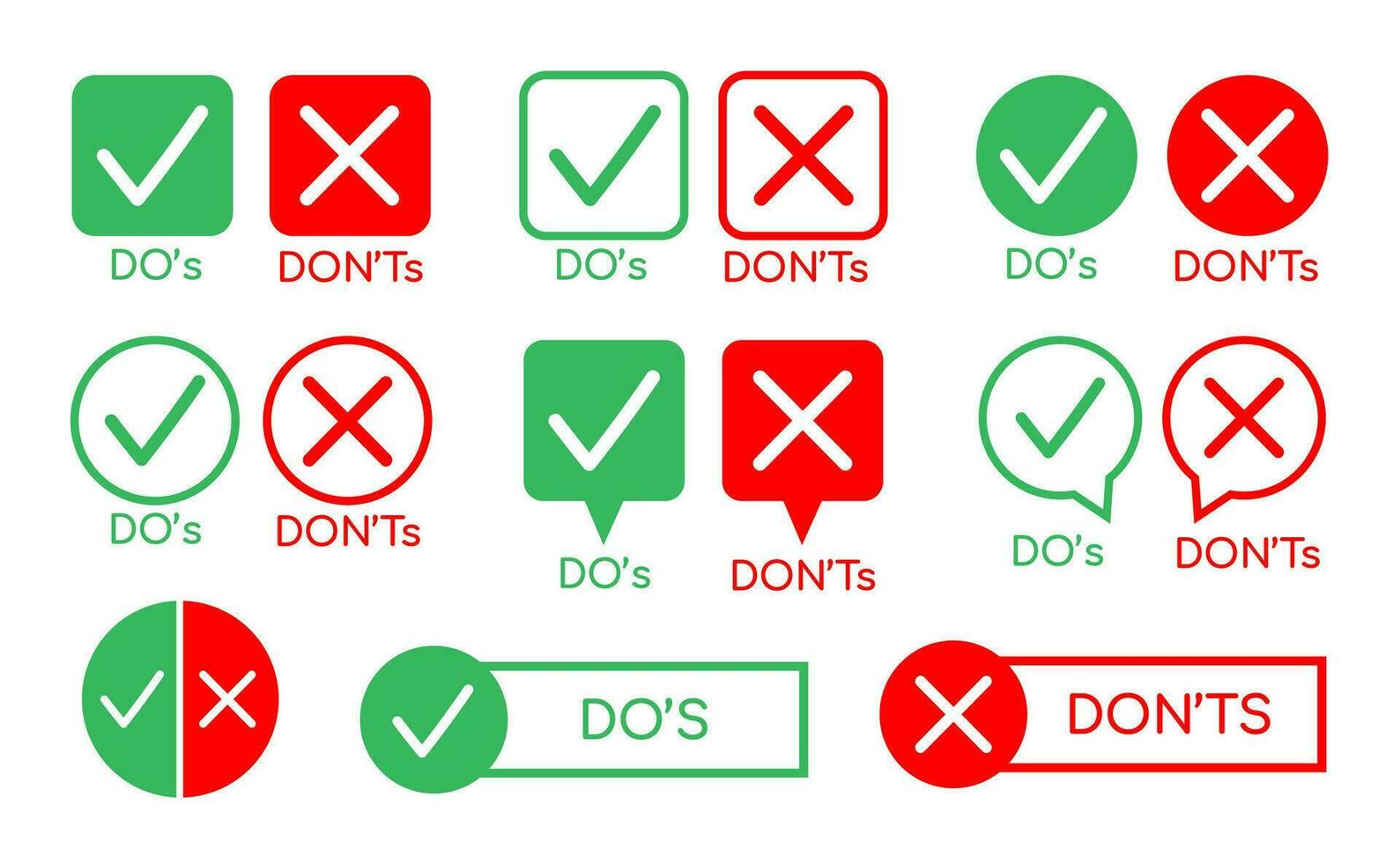 Speech bubble with Do or dont signs. Badges tick and cross icons, concept quiz mark, symbols for check list with negative or positive answer. Vector set