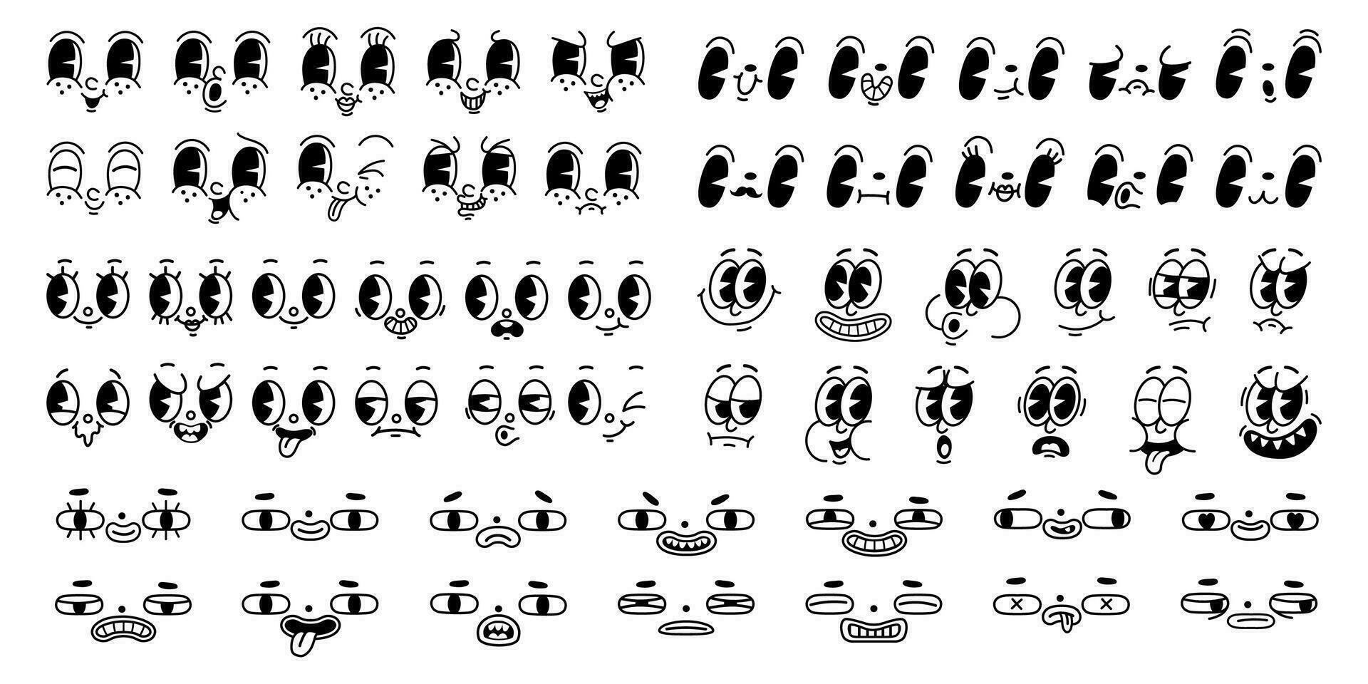 dibujos animados 1930-s retro caras. Clásico emocional rostro, antiguo estilo gracioso ojos y boca, diferente facial expresión en blanco antecedentes. vector conjunto