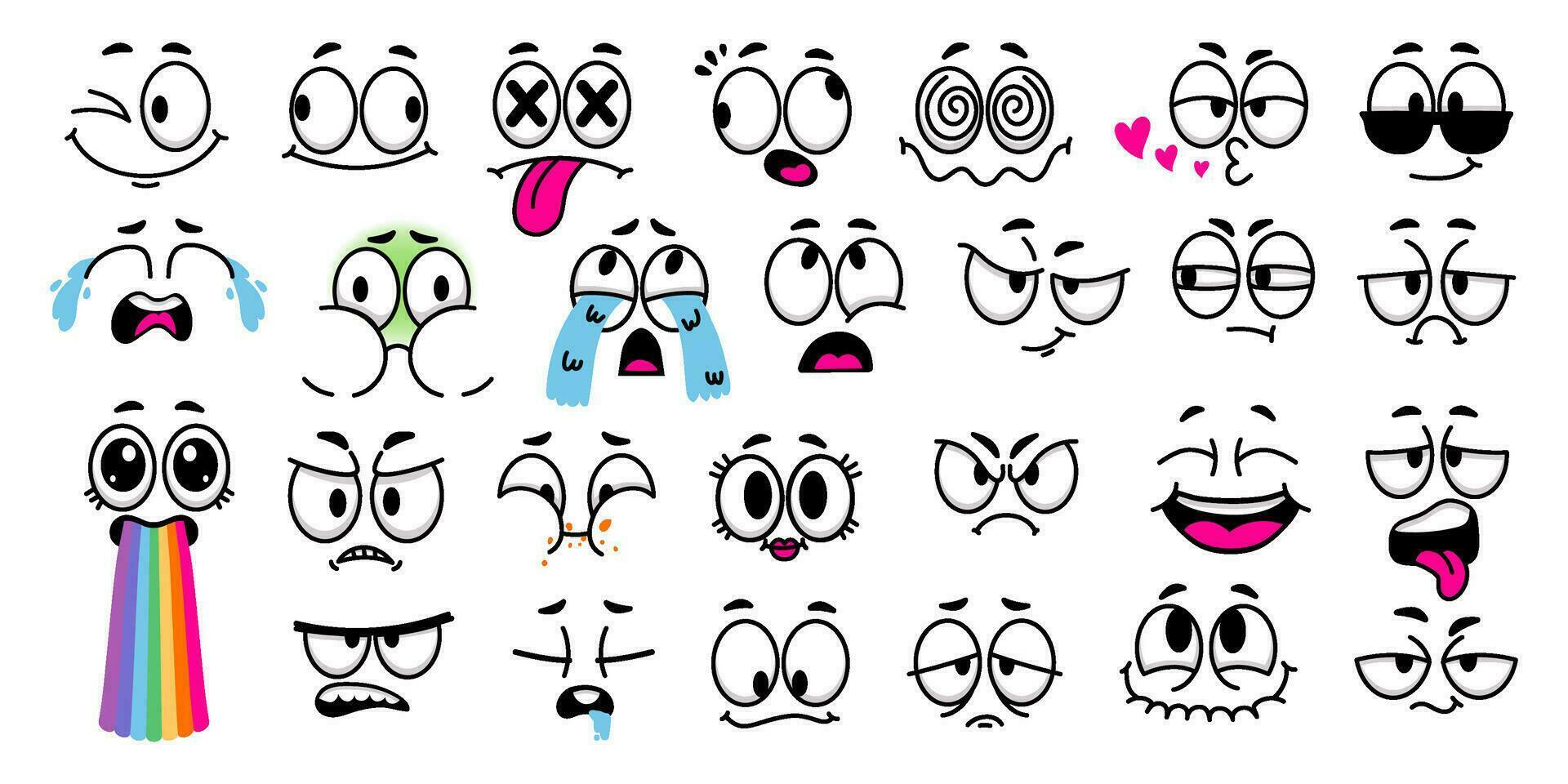 Cartoon facial expressions. Comic faces with caricature eyes, doodle eyebrows and mouth for 1970 animation style character design vector set