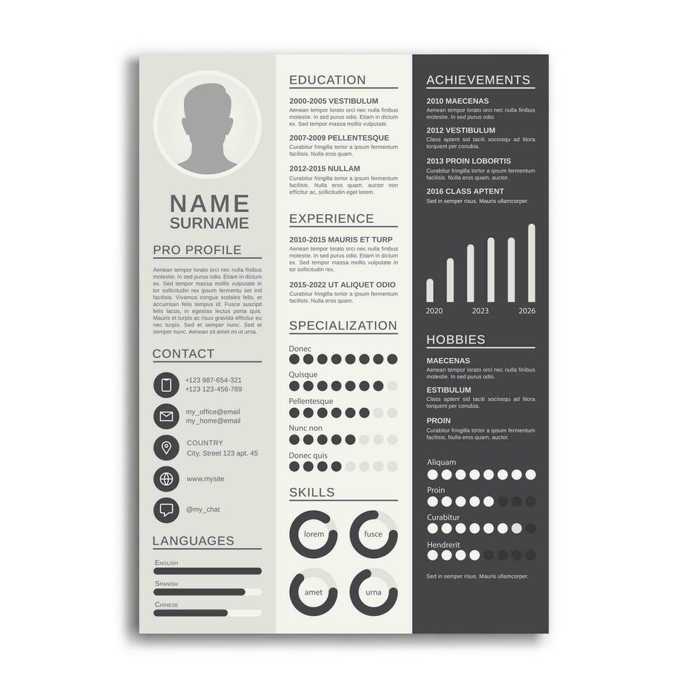 CV template. Professional creative design personal resume, curriculum vitae in modern style, letterhead presentation for interview in corporation. Vector illustration