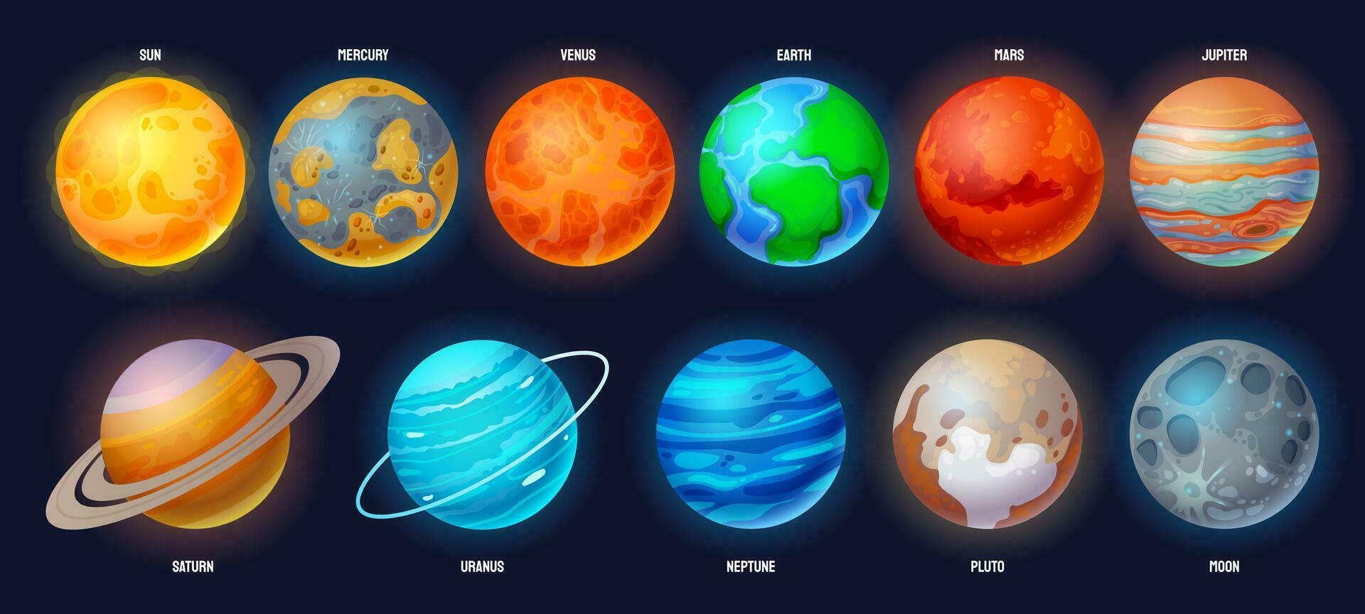 Cartoon solar system planets. Astronomy set with Sun, Mercury, Venus, Earth, Mars, Jupiter, Saturn, Uranus, Neptune, Pluto and Moon vector illustration set