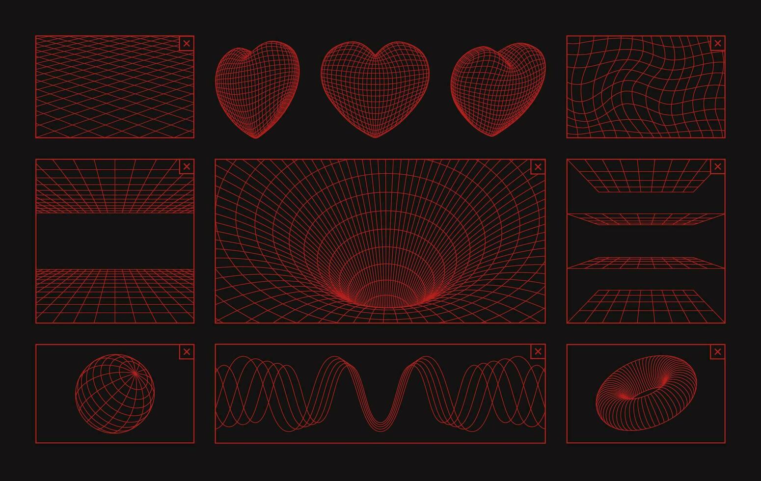 Grid 3d symbols. Future poster wireframe 90s elements. Neon geometric meshes, futuristic y2k line patterns, heart and wave cyberpunk shape editable stroke paths. Vector set