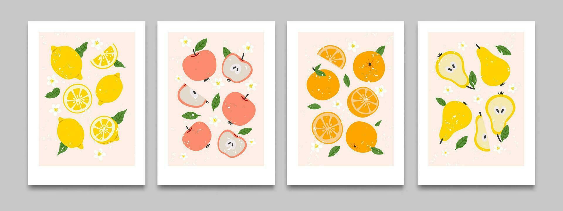 Abstract flat posters with fruit. Cartoon poster with tropical appetizing citrus, organic berry, fresh pear and apple, sweat peach on background. Vector set