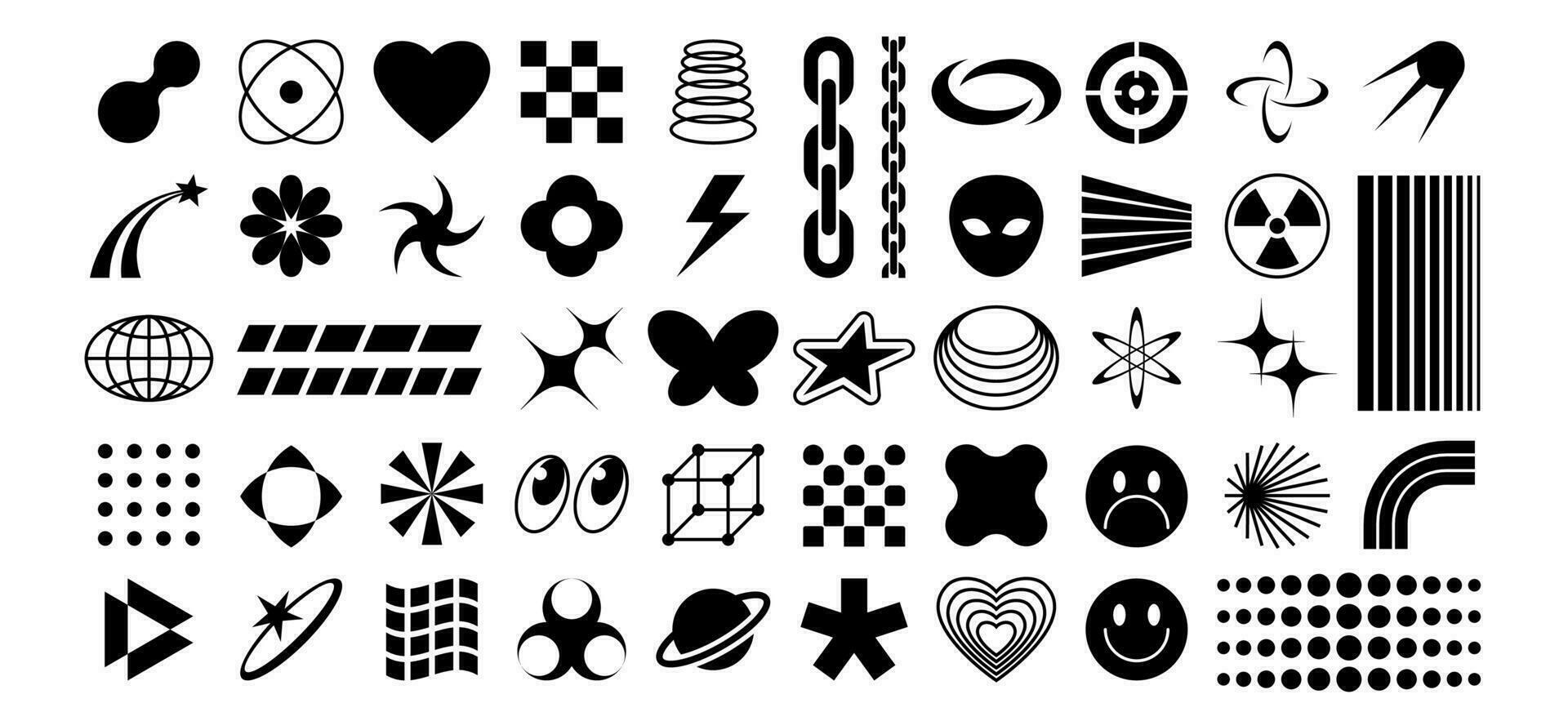 Y2k icons. 70s rave pop symbols, futuristic stars, planet and alien, emoticon spirals. Retro poster geometric symbols. Isolated minimal groovy vector set