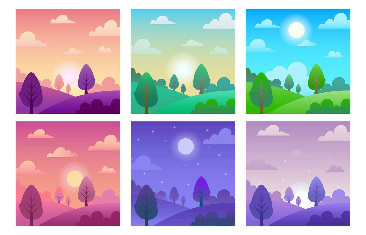 Different times of day landscapes. Noon sun and night moon over field, morning sunrise and evening sunset vector background illustration set