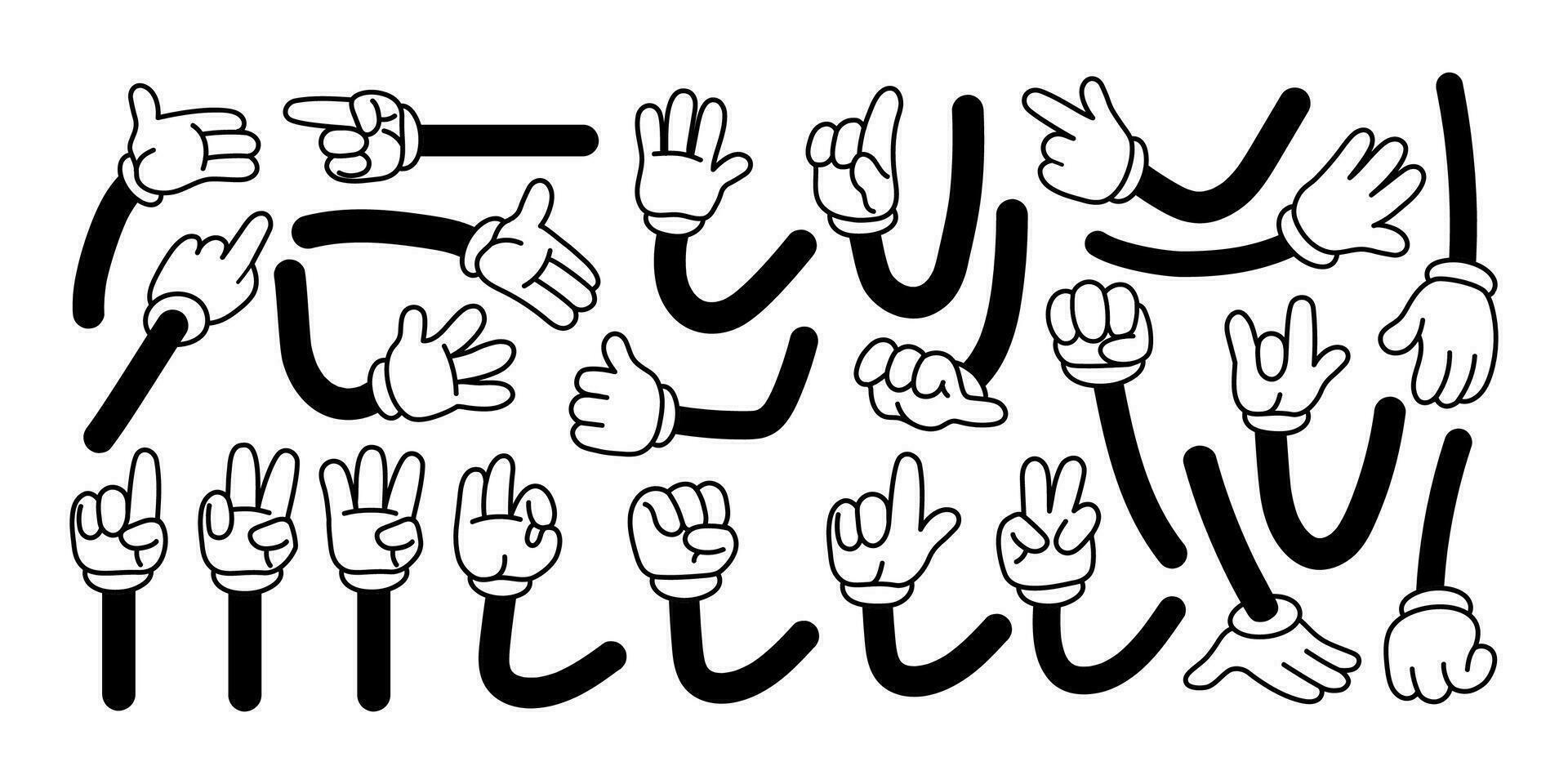 Cartoon hands in gloves. Funny retro mascot hand gestures and comic vintage arm character in expression poses. Palm and finger action. Vector set