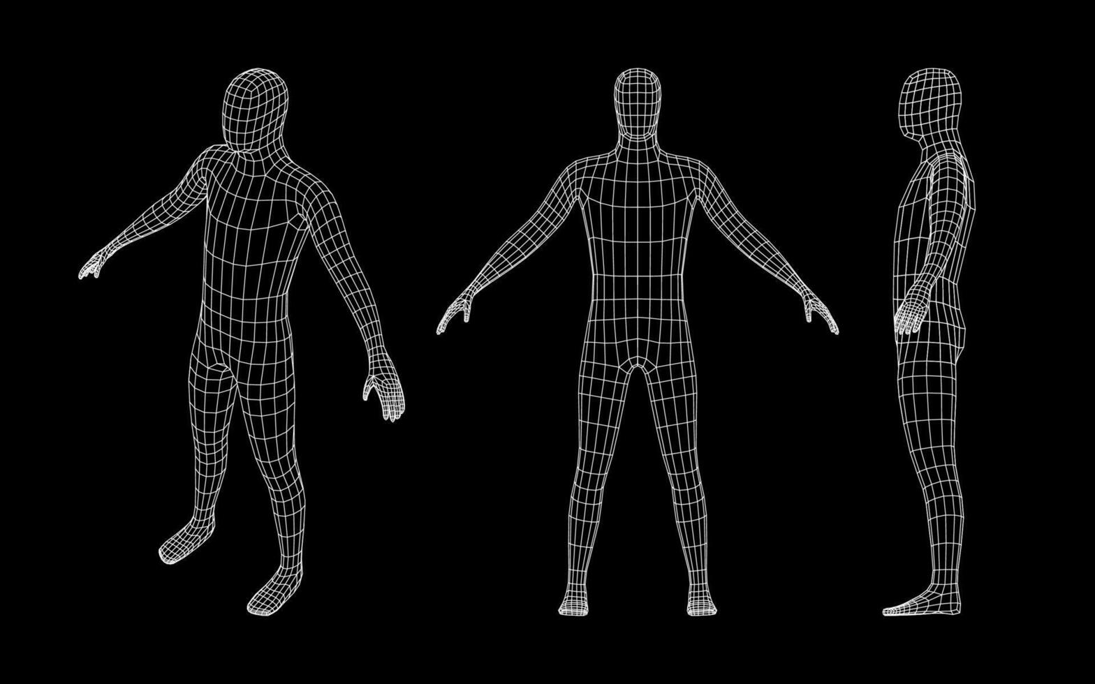 Man body grid. Human wireframe 3d model, polygonal simple male mesh. Retro futuristic isolated virtual character. Vector set