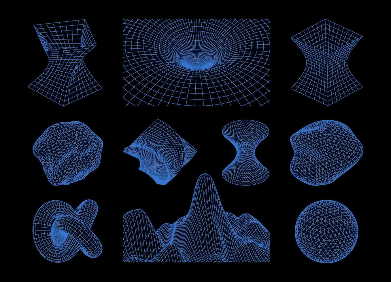 Wireframe shapes. 3d geometric mesh abstract elements. Cyberpunk futuristic line objects. Retro vaporwave synthwave vector set