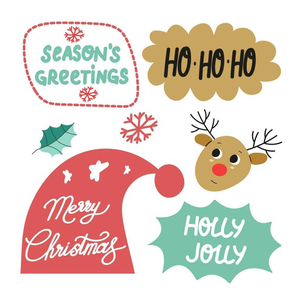 Christmas stickers set. Winter festive quotes. Cute holiday badges, lettering, doodle quotes, stickers. Vector illustration.