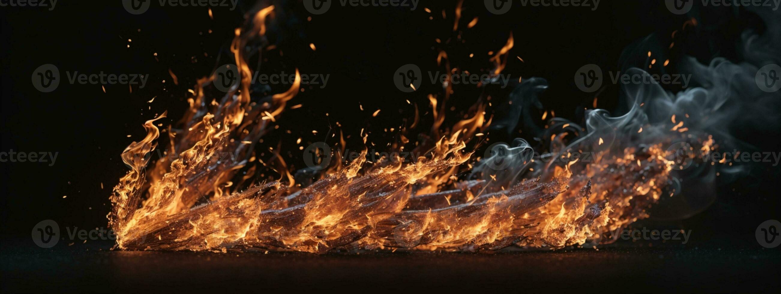 Detail of fire sparks isolated on black background. AI generated photo