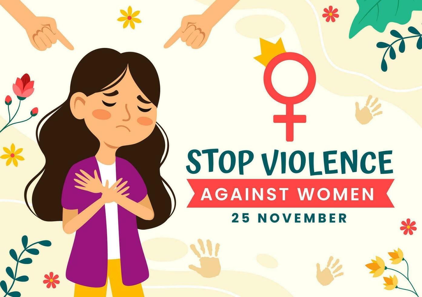 internacional día para el eliminación de violencia en contra mujer vector ilustración en 25 noviembre con muchachas y flor antecedentes dibujos animados diseño