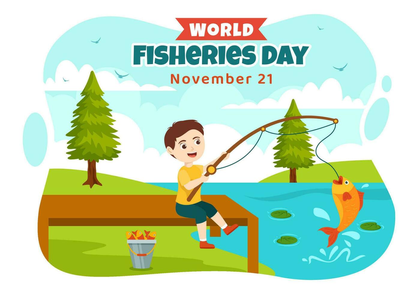 World Fisheries Day Vector Illustration of Kids Fisherman with Fishing Rod on Boat at the Sea to Protecting Aquatic Ecosystems and Preserving Biodiversity