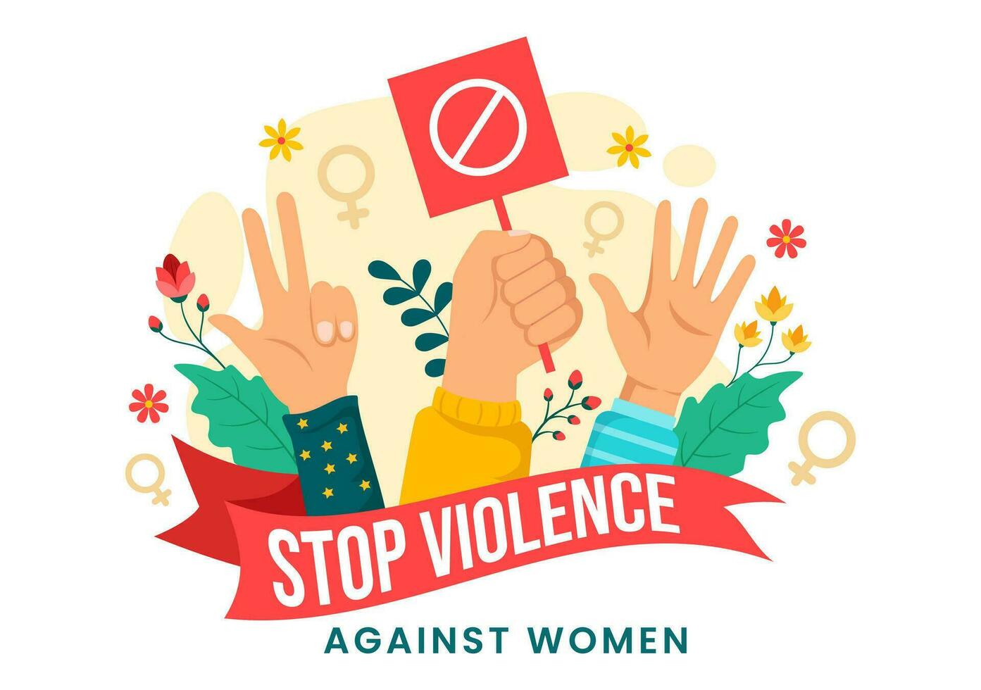 internacional día para el eliminación de violencia en contra mujer vector ilustración en 25 noviembre con muchachas y flor antecedentes dibujos animados diseño