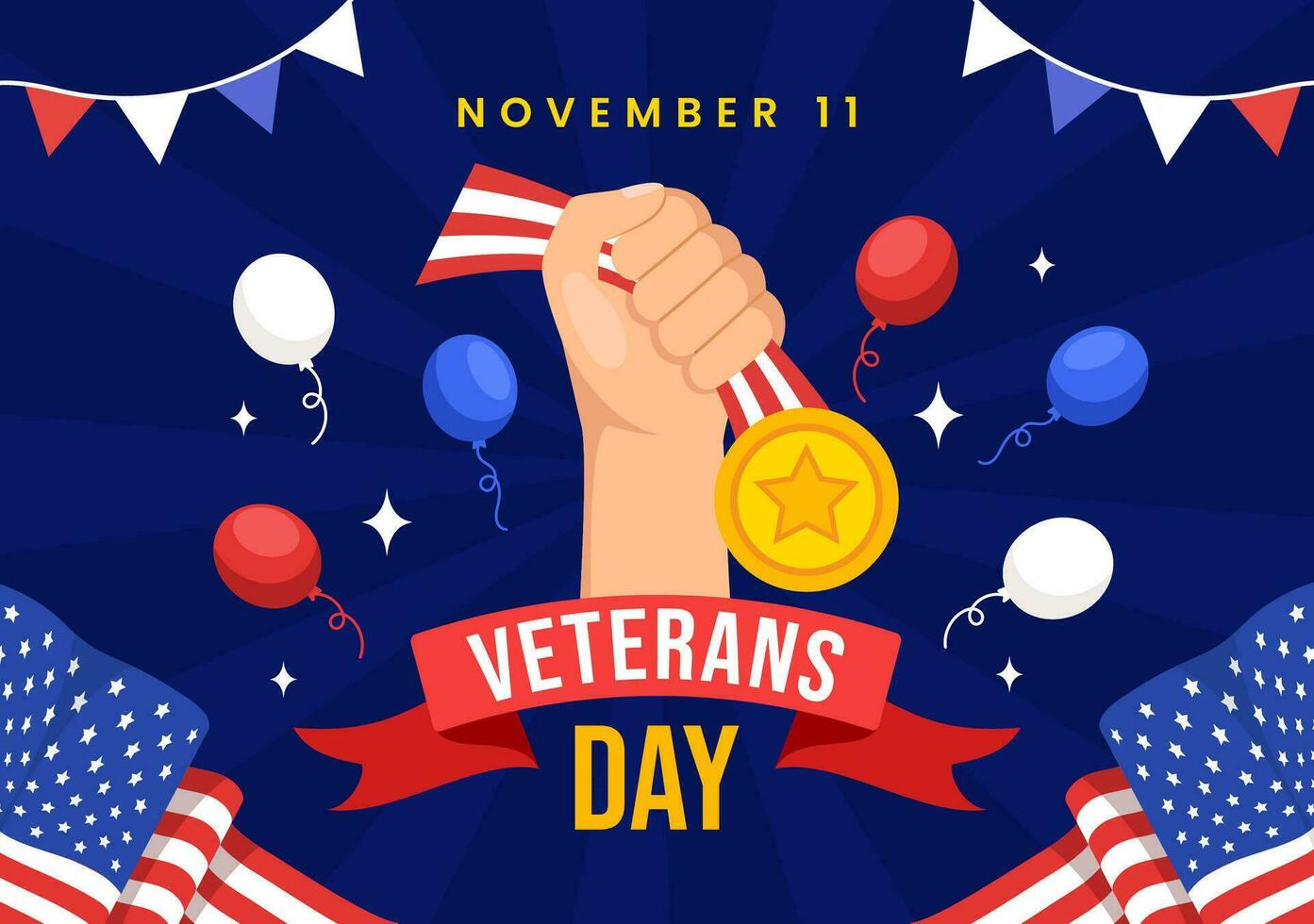 Happy Veterans Day Vector Illustration on 11 November with USA Flag and Soldiers for Honoring All Who Served in Flat Kids Cartoon Background