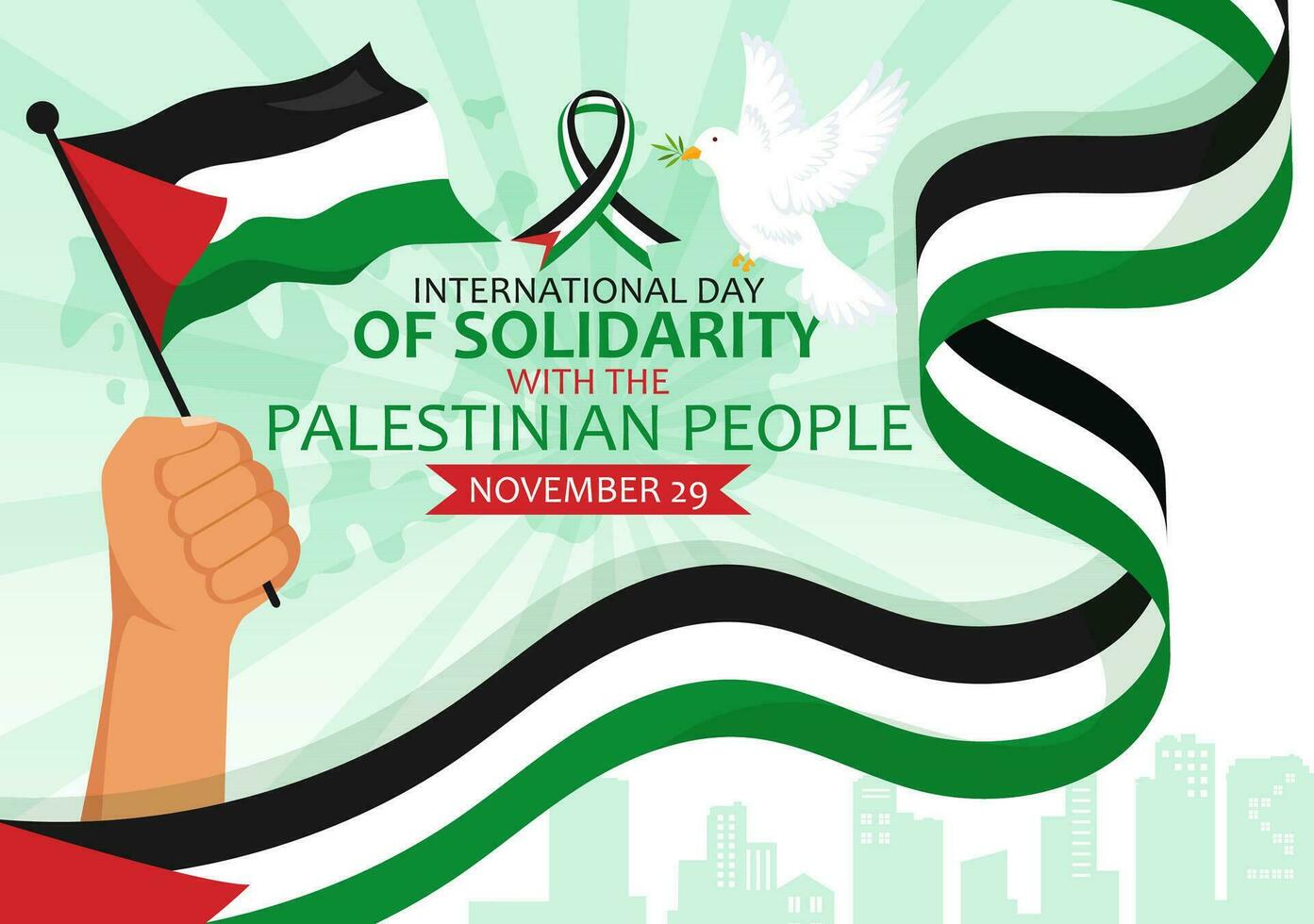 International Day of Solidarity with the Palestinian People Vector Illustration on 29 November with Waving Flag in in Flat Cartoon Green Background