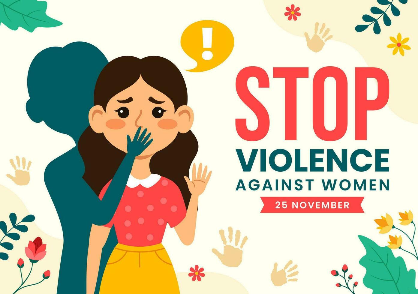 internacional día para el eliminación de violencia en contra mujer vector ilustración en 25 noviembre con muchachas y flor antecedentes dibujos animados diseño