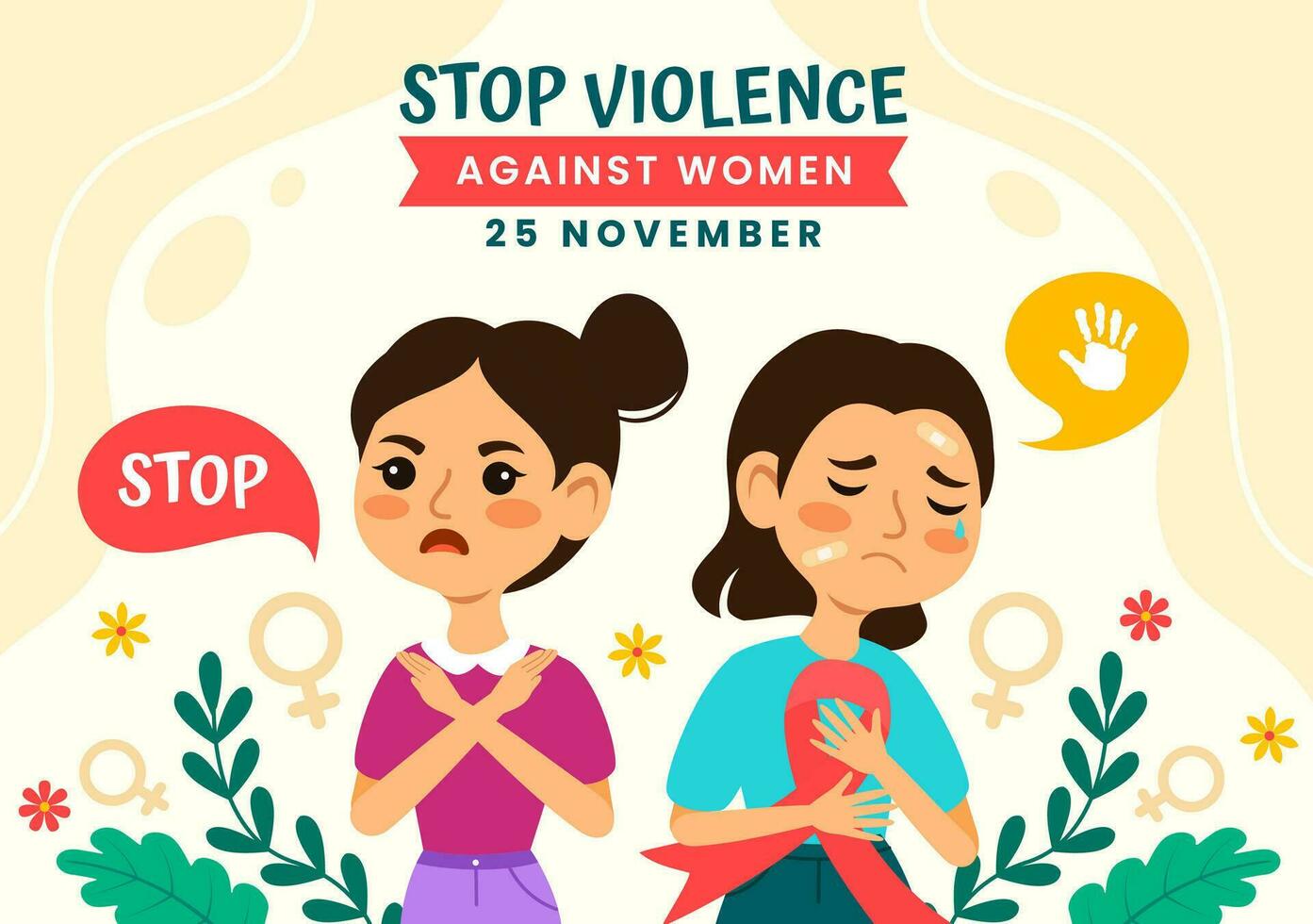 internacional día para el eliminación de violencia en contra mujer vector ilustración en 25 noviembre con muchachas y flor antecedentes dibujos animados diseño