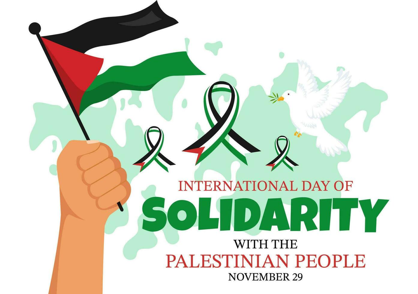 International Day of Solidarity with the Palestinian People Vector Illustration on 29 November with Waving Flag in in Flat Cartoon Green Background