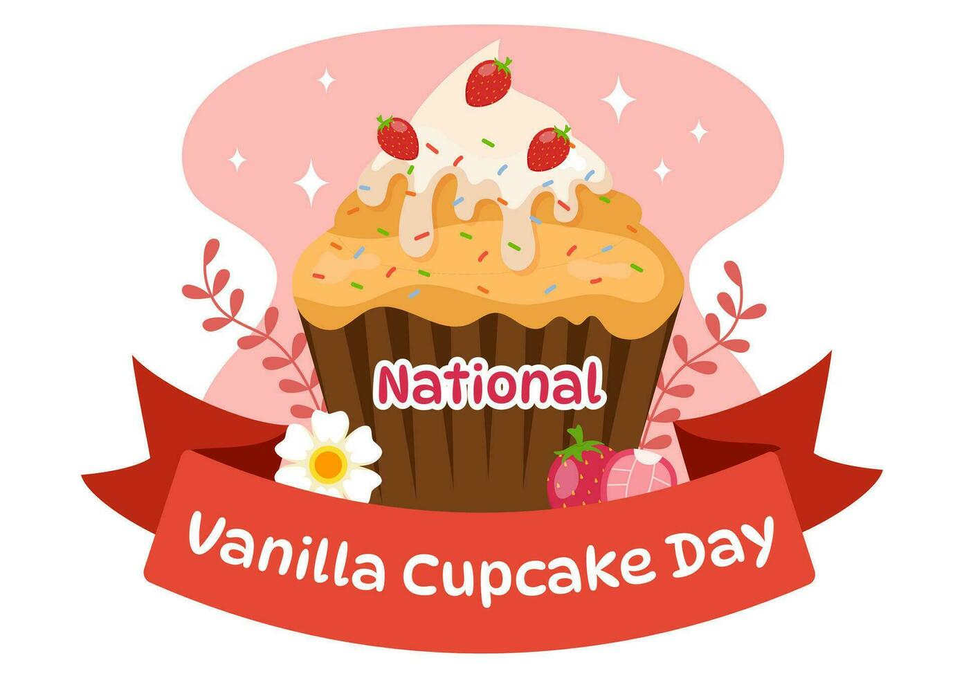 National Vanilla Cupcake Day Vector Illustration on 10 November of Cupcakes with Strawberry and Vanilla Cream in Flat Cartoon Pink Background Design