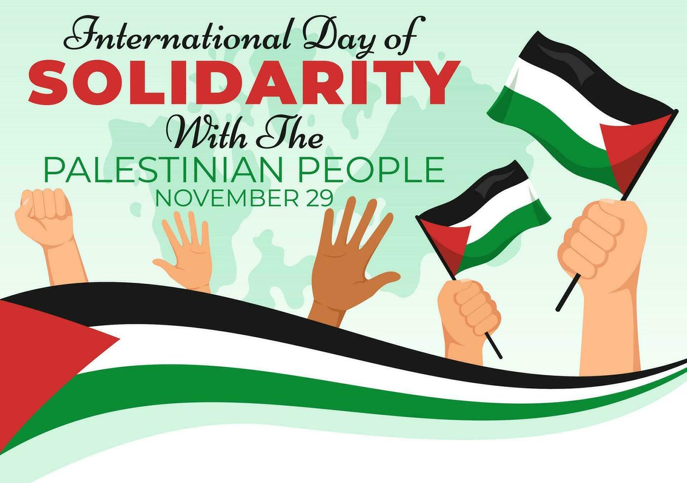 internacional día de solidaridad con el palestino personas vector ilustración en 29 noviembre con ondulación bandera en en plano dibujos animados verde antecedentes