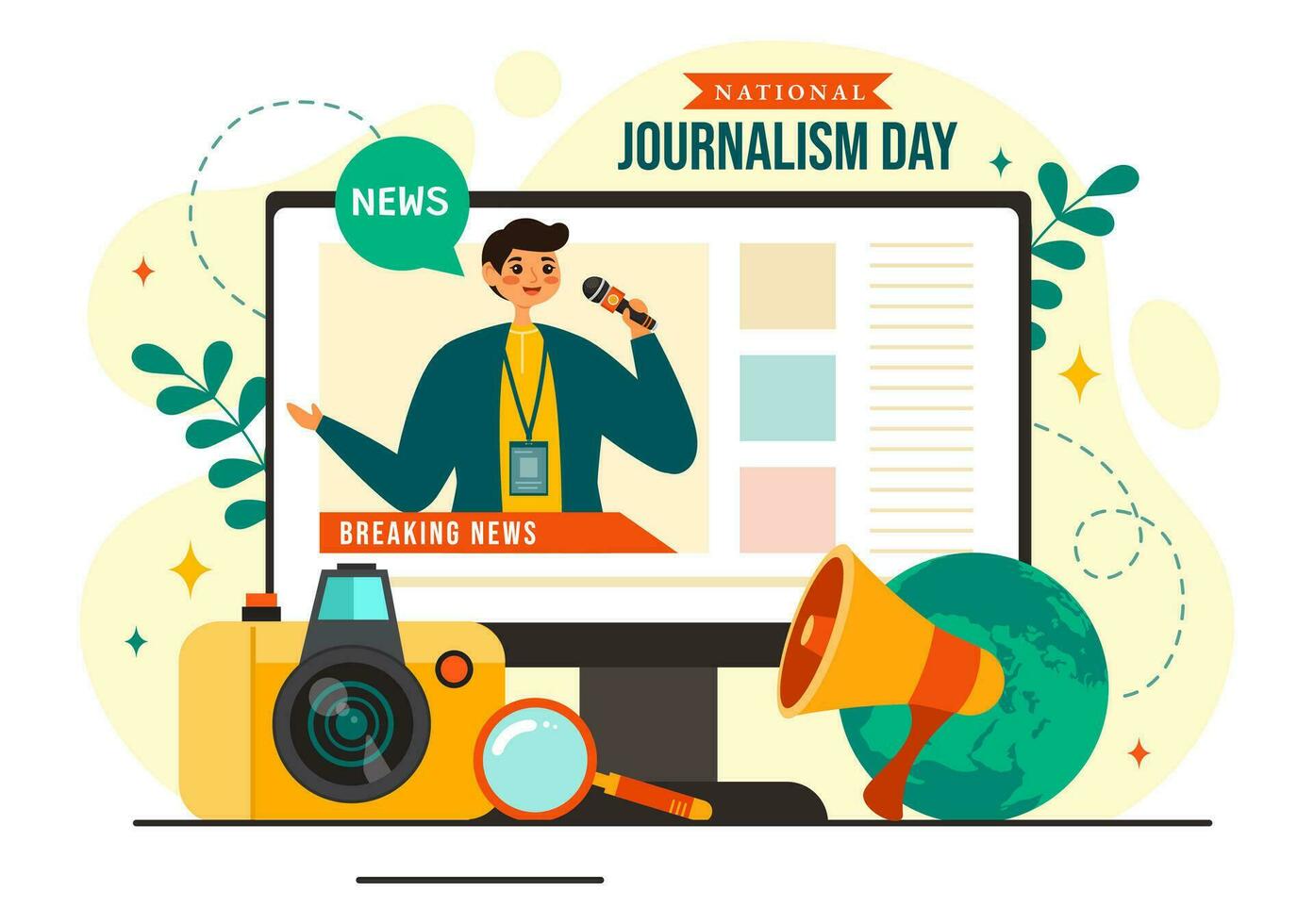 National Journalism Day Vector Illustration to Recognition and Appreciation for the Relentless Efforts of Journalists with Journal Equipments Design