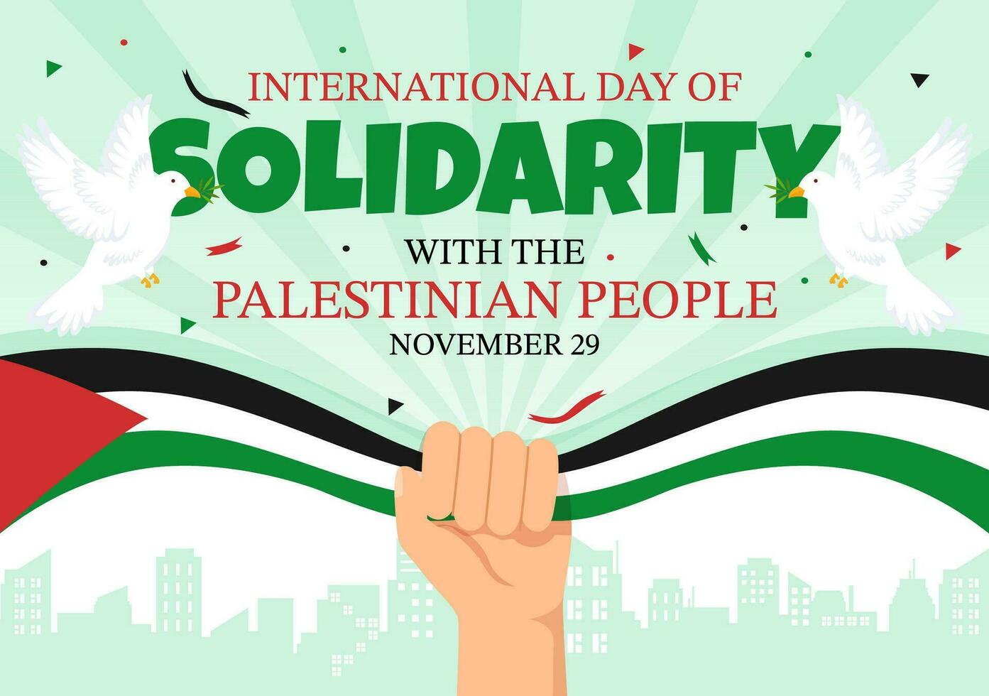 International Day of Solidarity with the Palestinian People Vector Illustration on 29 November with Waving Flag in in Flat Cartoon Green Background