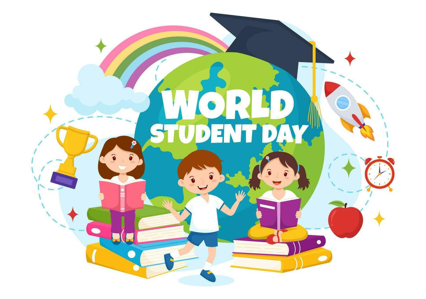 mundo estudiantes día vector ilustración en octubre 15 con alumno, libro, globo y más para web bandera o póster en niños dibujos animados antecedentes diseño