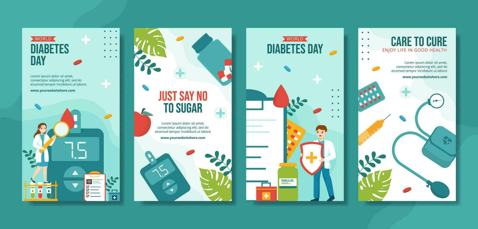World Diabetes Day Social Media Stories Flat Cartoon Hand Drawn Templates Background Illustration vector