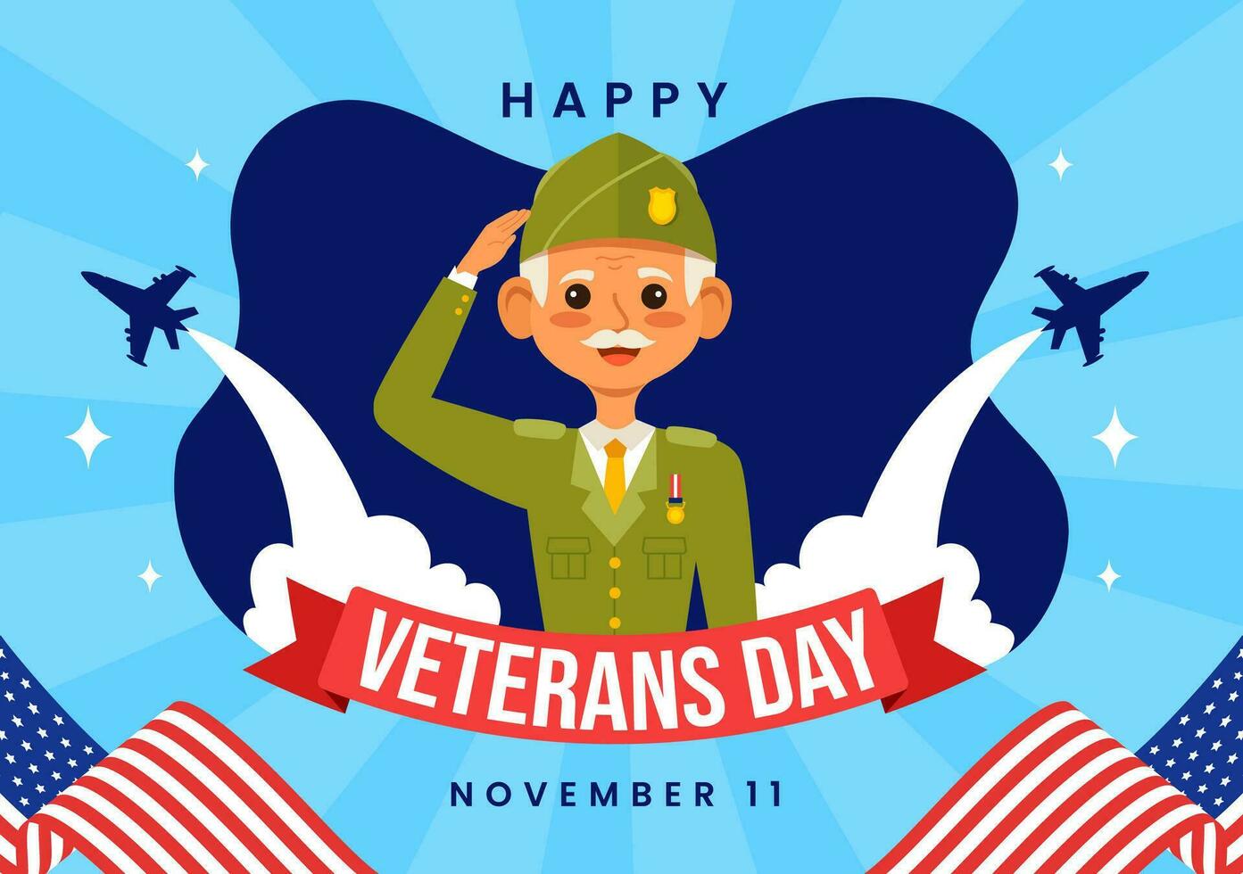 Happy Veterans Day Vector Illustration on 11 November with USA Flag and Soldiers for Honoring All Who Served in Flat Kids Cartoon Background