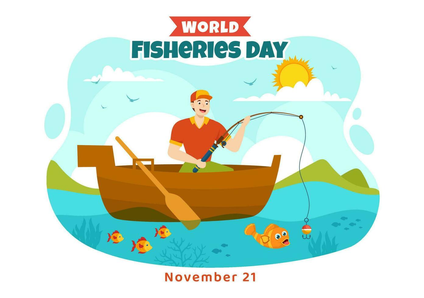 mundo pesca día vector ilustración de pescador con pescar varilla en barco a el mar a proteger acuático ecosistemas y conservación biodiversidad