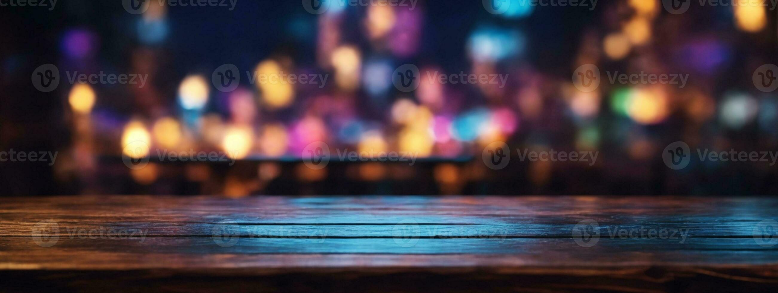 Wooden table, blurred bokeh background background. Neon light, night view, close-up. The general background of the interior, a dark background.. AI generated photo