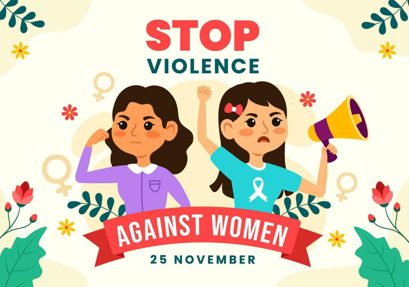 internacional día para el eliminación de violencia en contra mujer vector ilustración en 25 noviembre con muchachas y flor antecedentes dibujos animados diseño