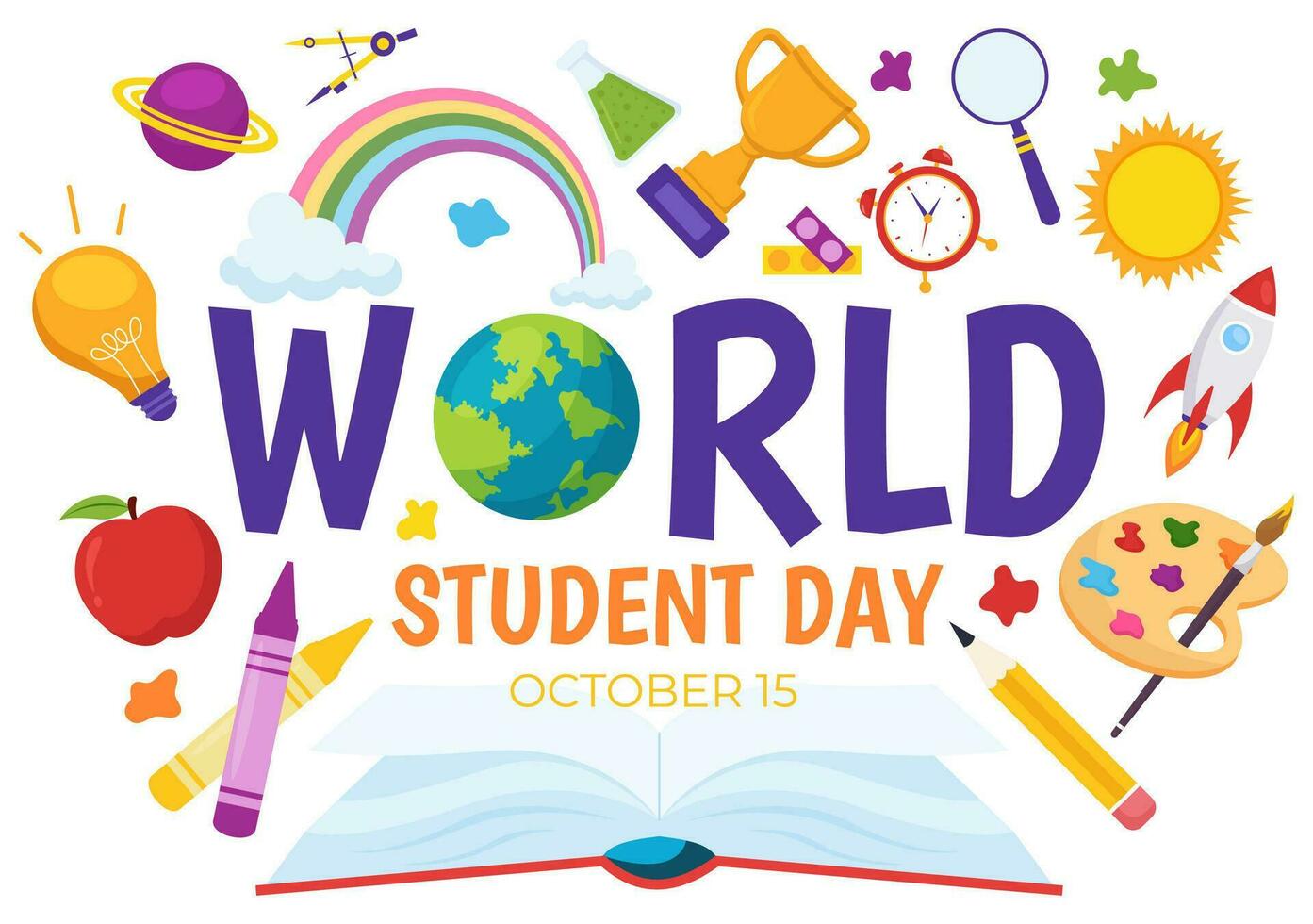 World Students Day Vector Illustration on October 15 with Student, Book, Globe and More for Web Banner or Poster in Kids Cartoon Background Design