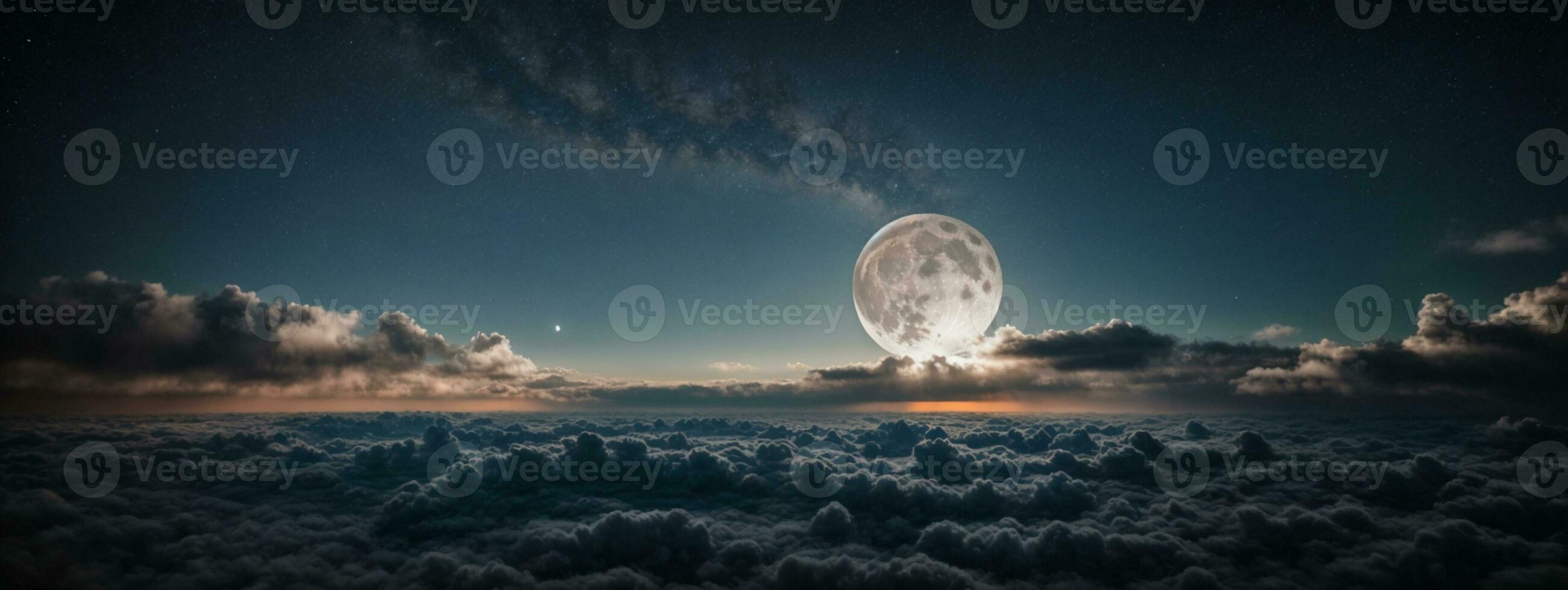 Romantic Moon In Starry Night Over Clouds. AI generated photo