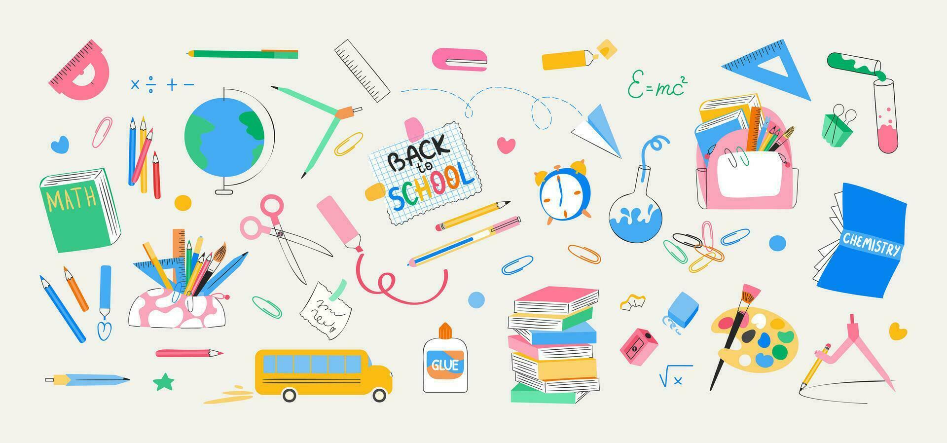 School supplies and stationery collection vector illustration