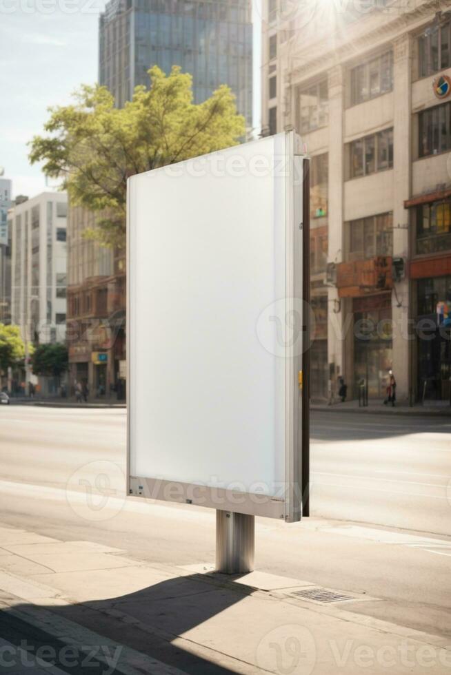 vertical blanco blanco cartelera a autobús detener en ciudad calle. en el antecedentes edificios y la carretera. burlarse de arriba. póster en calle siguiente a calzada. soleado verano día.. ai generado foto