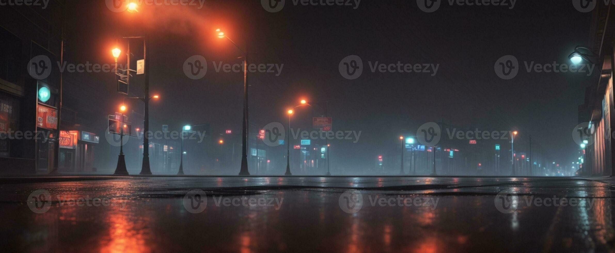 mojado asfalto, reflexión de neón luces, un reflector, fumar. resumen ligero en un oscuro vacío calle con fumar, niebla tóxica. oscuro antecedentes escena de vacío calle, noche vista, noche ciudad.. ai generado foto