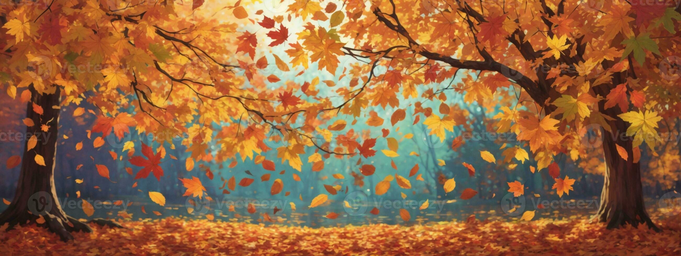Autumn colorful bright leaves swinging in a tree in autumnal park. Autumn colorful background, fall backdrop. AI generated photo