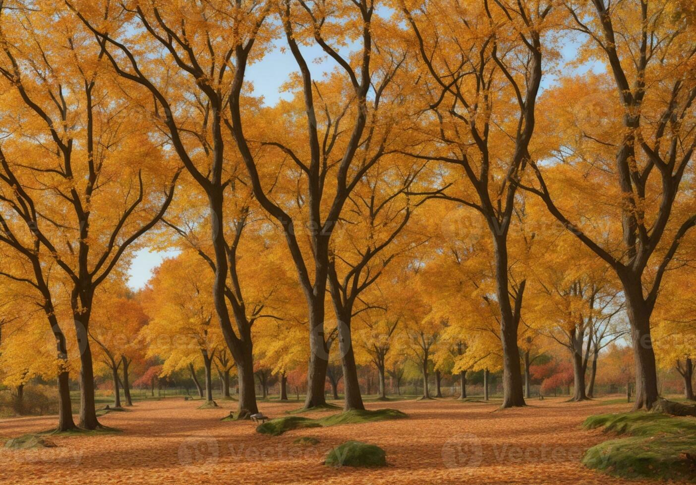 Beautiful autumn landscape with. Colorful foliage in the park. Falling leaves natural background. AI generated photo