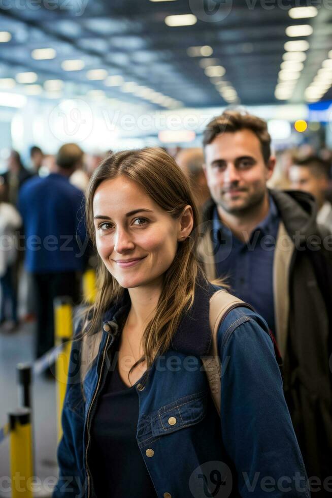 Smiling faces at immigration checkpoint crisp background with empty space for text photo