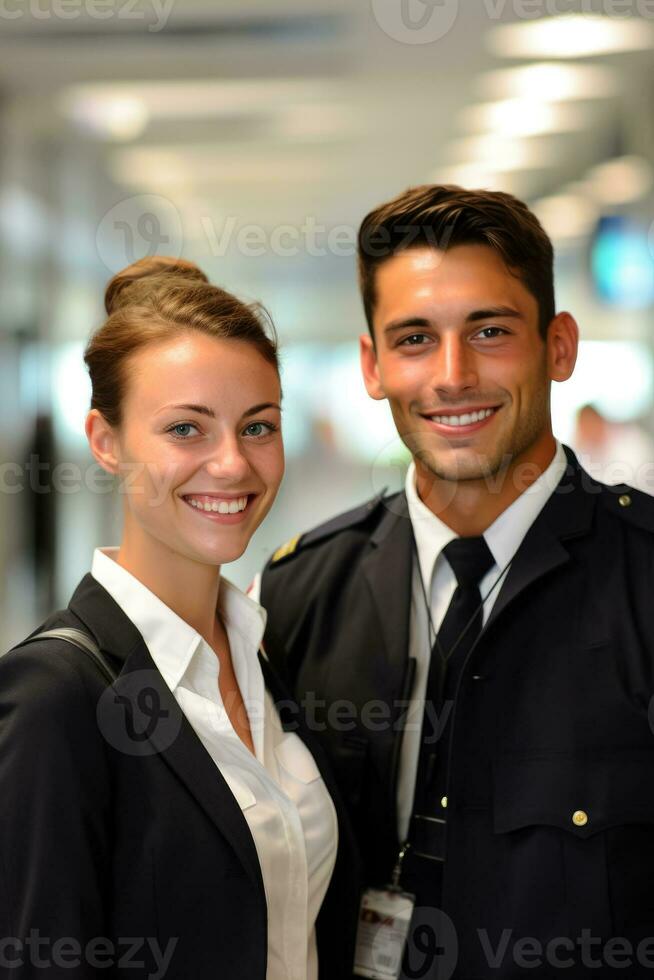 Smiling faces at immigration checkpoint crisp background with empty space for text photo